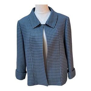Tahari  Women Blazer Jacket Blue Black Houndstooth Open Front Size 16